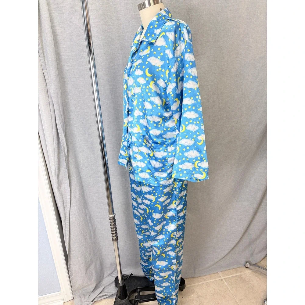 Chandio New York Celestial Blue Satin Pajama Set L Whimsigoth Moon Stars Y2K